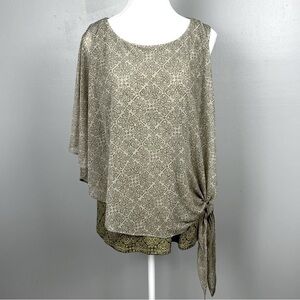 NWT New Directions tan/olive patterned top 1 sleeve side tie overlay, Large.
